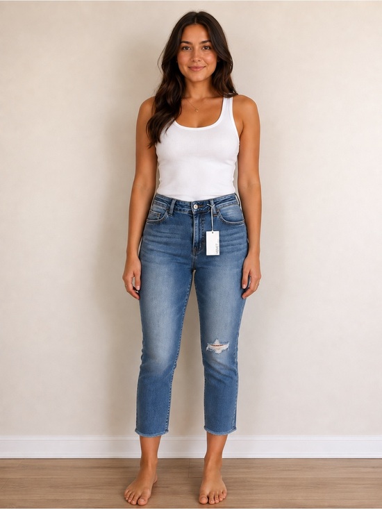 Vervet Denim - VERVET AMBER Distressed Cropped Jeans — Medium Blue Ankle Length